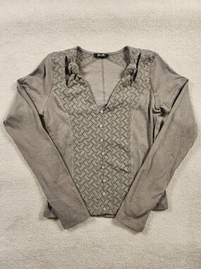 Miss Me Women’s Md. CottageCore Taupe Knit Top Button Front Boho Long Sleeve